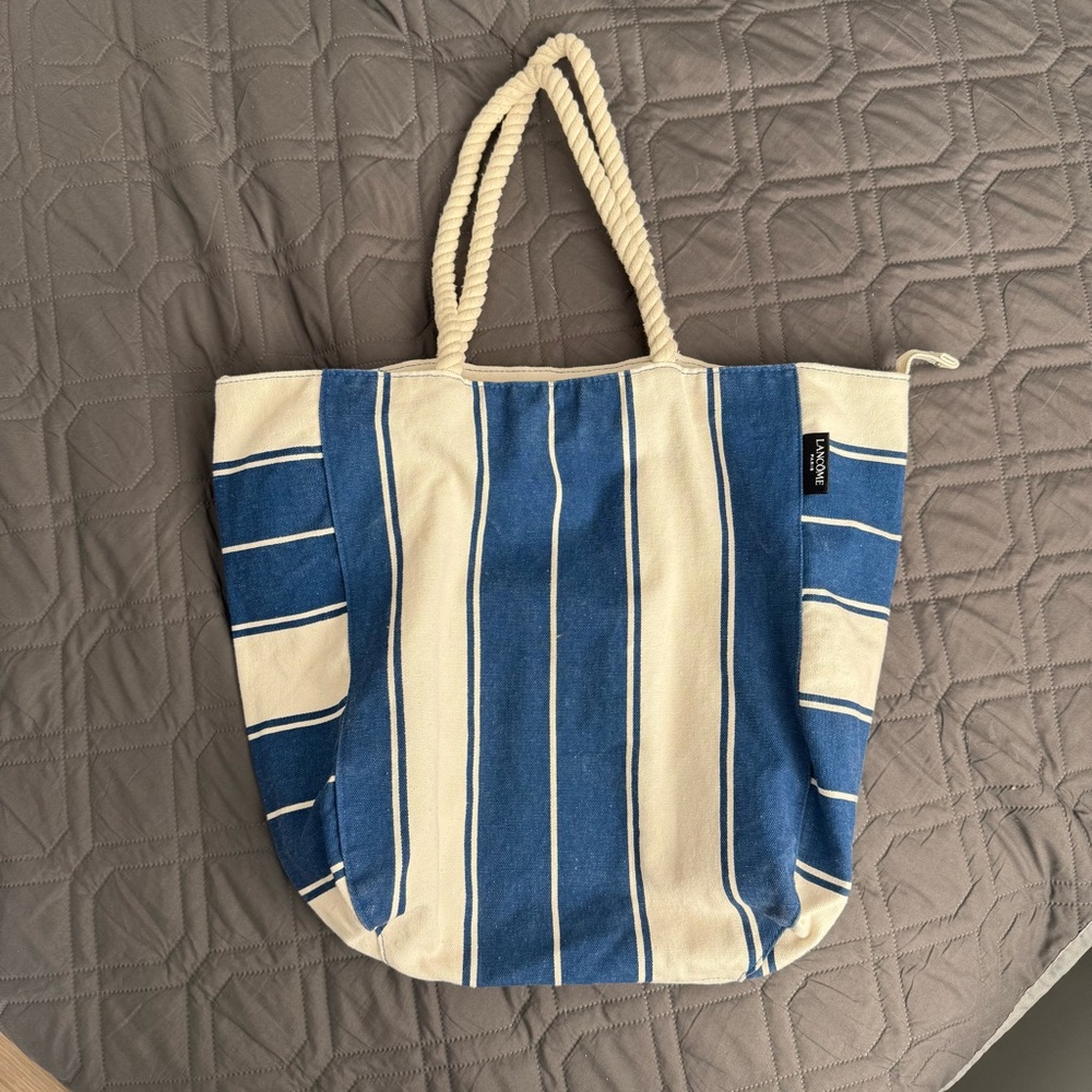Lancôme Blue & White Striped Canvas Tote Bag with Rope Straps